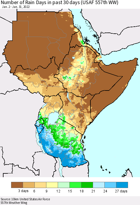 Eastern Africa Number of Rain Days in past 30 days (USAF 557th WW) 01/31/2022 Thematic Map For 1/26/2022 - 1/31/2022