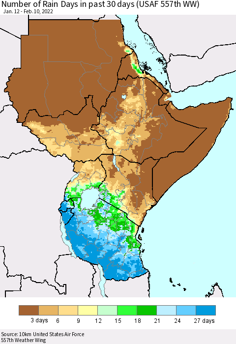 Eastern Africa Number of Rain Days in past 30 days (USAF 557th WW) 02/10/2022 Thematic Map For 2/6/2022 - 2/10/2022