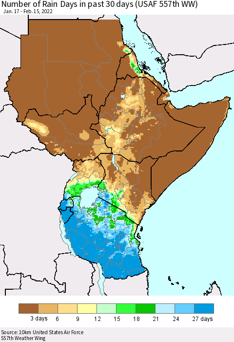 Eastern Africa Number of Rain Days in past 30 days (USAF 557th WW) 02/15/2022 Thematic Map For 2/11/2022 - 2/15/2022