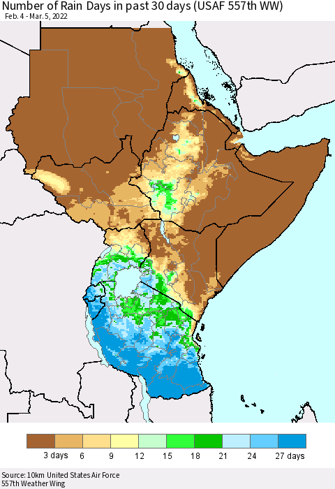 Eastern Africa Number of Rain Days in past 30 days (USAF 557th WW) 03/05/2022 Thematic Map For 3/1/2022 - 3/5/2022