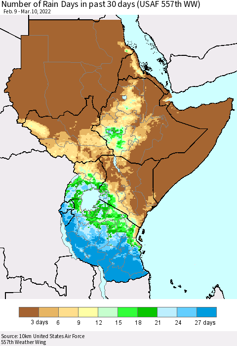 Eastern Africa Number of Rain Days in past 30 days (USAF 557th WW) 03/10/2022 Thematic Map For 3/6/2022 - 3/10/2022