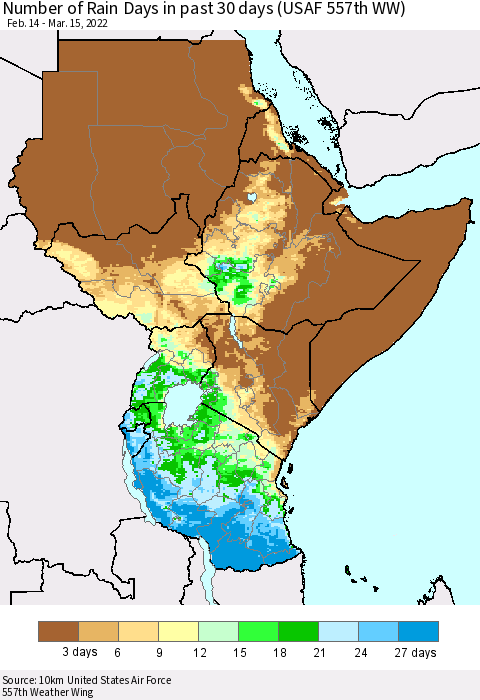Eastern Africa Number of Rain Days in past 30 days (USAF 557th WW) 03/15/2022 Thematic Map For 3/11/2022 - 3/15/2022