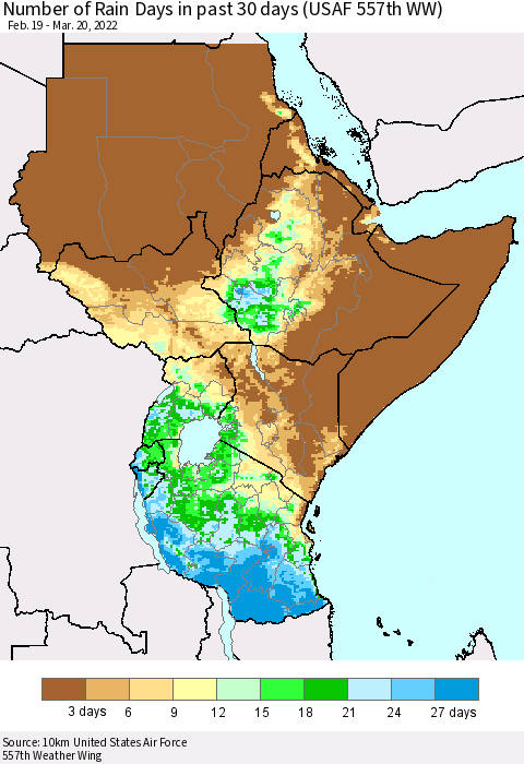 Eastern Africa Number of Rain Days in past 30 days (USAF 557th WW) 03/20/2022 Thematic Map For 3/16/2022 - 3/20/2022