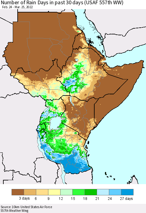 Eastern Africa Number of Rain Days in past 30 days (USAF 557th WW) 03/25/2022 Thematic Map For 3/21/2022 - 3/25/2022