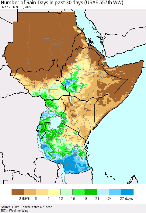 Eastern Africa Number of Rain Days in past 30 days (USAF 557th WW) 03/31/2022 Thematic Map For 3/26/2022 - 3/31/2022