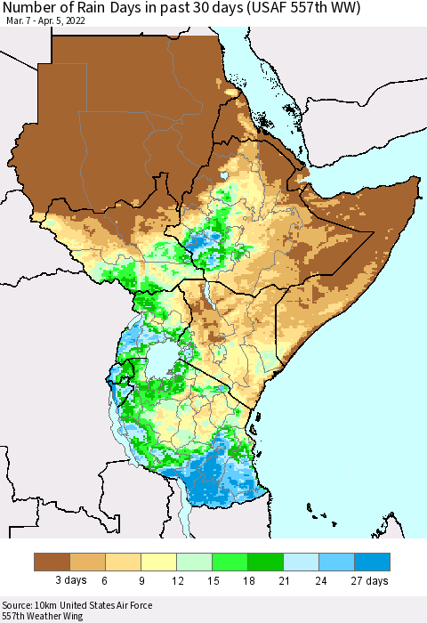 Eastern Africa Number of Rain Days in past 30 days (USAF 557th WW) 04/05/2022 Thematic Map For 4/1/2022 - 4/5/2022