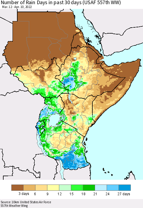 Eastern Africa Number of Rain Days in past 30 days (USAF 557th WW) 04/10/2022 Thematic Map For 4/6/2022 - 4/10/2022