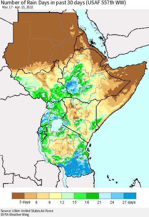 Eastern Africa Number of Rain Days in past 30 days (USAF 557th WW) 04/15/2022 Thematic Map For 4/11/2022 - 4/15/2022