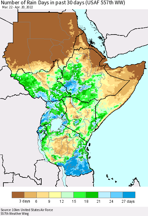 Eastern Africa Number of Rain Days in past 30 days (USAF 557th WW) 04/20/2022 Thematic Map For 4/16/2022 - 4/20/2022