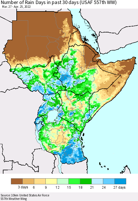 Eastern Africa Number of Rain Days in past 30 days (USAF 557th WW) 04/25/2022 Thematic Map For 4/21/2022 - 4/25/2022