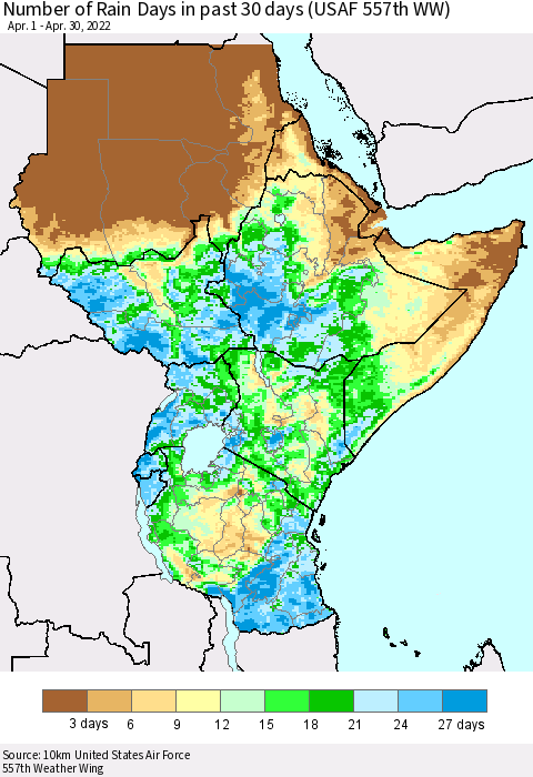 Eastern Africa Number of Rain Days in past 30 days (USAF 557th WW) 04/30/2022 Thematic Map For 4/26/2022 - 4/30/2022