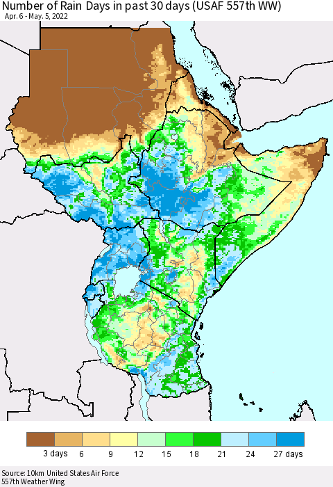 Eastern Africa Number of Rain Days in past 30 days (USAF 557th WW) 05/05/2022 Thematic Map For 5/1/2022 - 5/5/2022