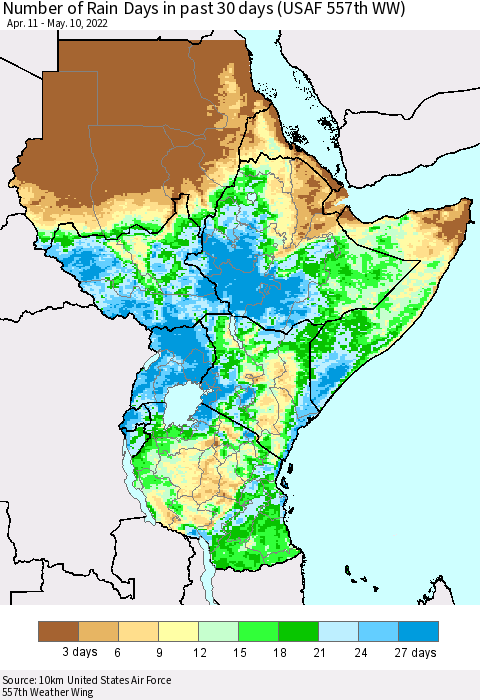 Eastern Africa Number of Rain Days in past 30 days (USAF 557th WW) 05/10/2022 Thematic Map For 5/6/2022 - 5/10/2022