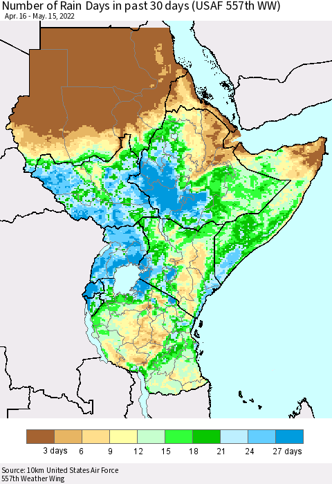 Eastern Africa Number of Rain Days in past 30 days (USAF 557th WW) 05/15/2022 Thematic Map For 5/11/2022 - 5/15/2022