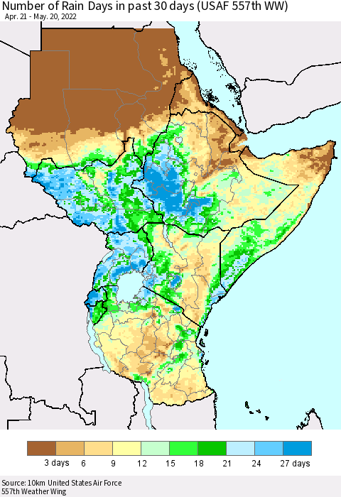 Eastern Africa Number of Rain Days in past 30 days (USAF 557th WW) 05/20/2022 Thematic Map For 5/16/2022 - 5/20/2022