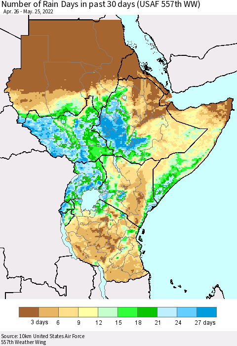Eastern Africa Number of Rain Days in past 30 days (USAF 557th WW) 05/25/2022 Thematic Map For 5/21/2022 - 5/25/2022