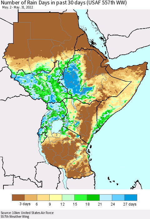 Eastern Africa Number of Rain Days in past 30 days (USAF 557th WW) 05/31/2022 Thematic Map For 5/26/2022 - 5/31/2022