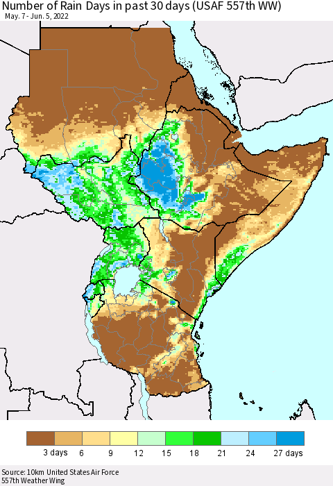Eastern Africa Number of Rain Days in past 30 days (USAF 557th WW) 06/05/2022 Thematic Map For 6/1/2022 - 6/5/2022
