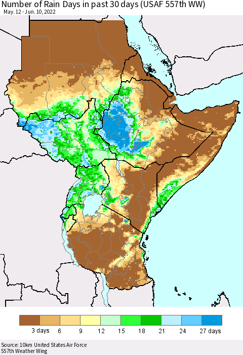 Eastern Africa Number of Rain Days in past 30 days (USAF 557th WW) 06/10/2022 Thematic Map For 6/6/2022 - 6/10/2022