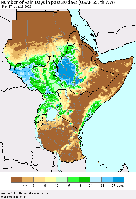 Eastern Africa Number of Rain Days in past 30 days (USAF 557th WW) 06/15/2022 Thematic Map For 6/11/2022 - 6/15/2022