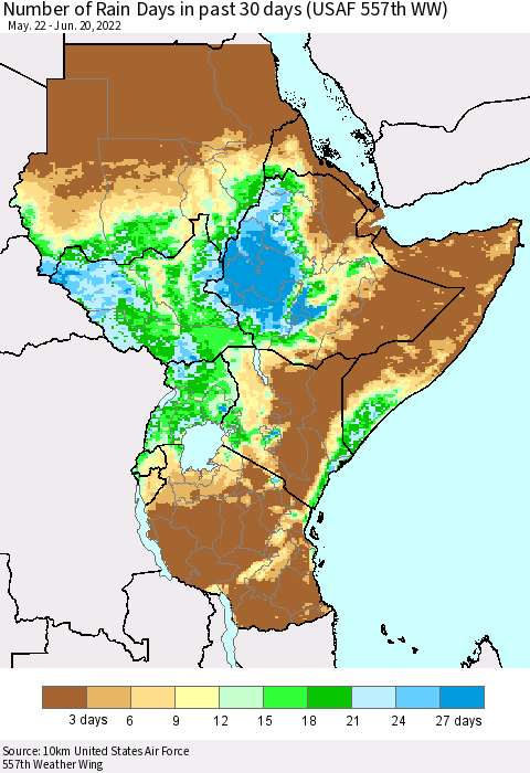 Eastern Africa Number of Rain Days in past 30 days (USAF 557th WW) 06/20/2022 Thematic Map For 6/16/2022 - 6/20/2022