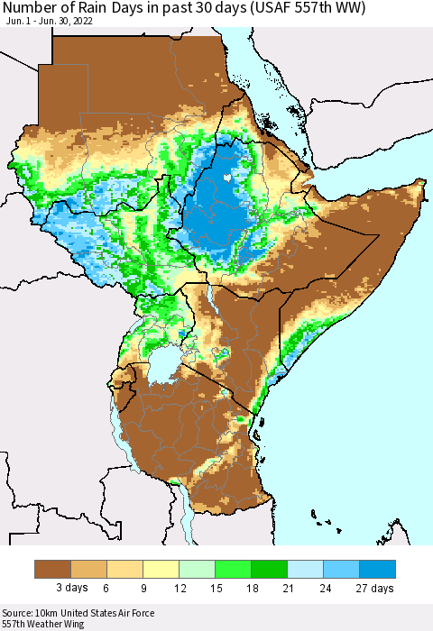 Eastern Africa Number of Rain Days in past 30 days (USAF 557th WW) 06/30/2022 Thematic Map For 6/26/2022 - 6/30/2022