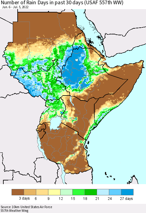 Eastern Africa Number of Rain Days in past 30 days (USAF 557th WW) 07/05/2022 Thematic Map For 7/1/2022 - 7/5/2022