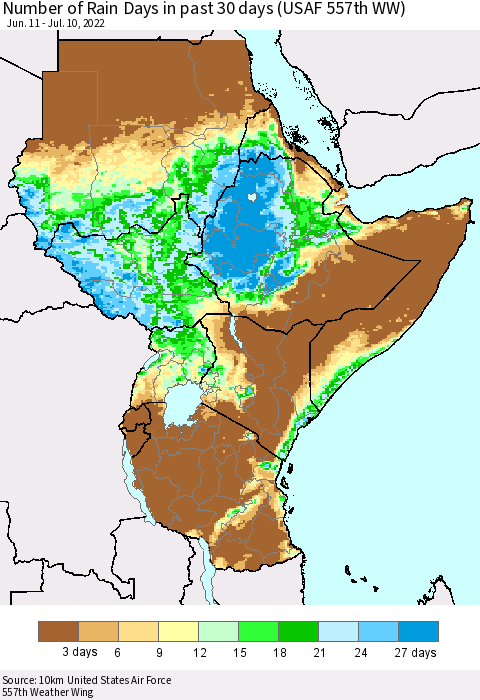 Eastern Africa Number of Rain Days in past 30 days (USAF 557th WW) 07/10/2022 Thematic Map For 7/6/2022 - 7/10/2022