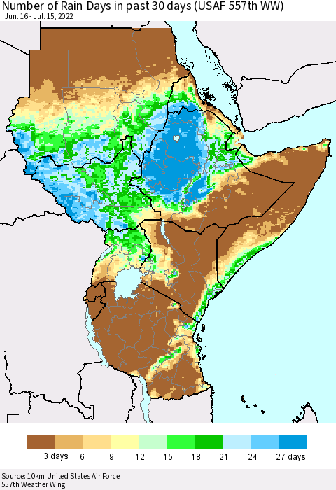 Eastern Africa Number of Rain Days in past 30 days (USAF 557th WW) 07/15/2022 Thematic Map For 7/11/2022 - 7/15/2022