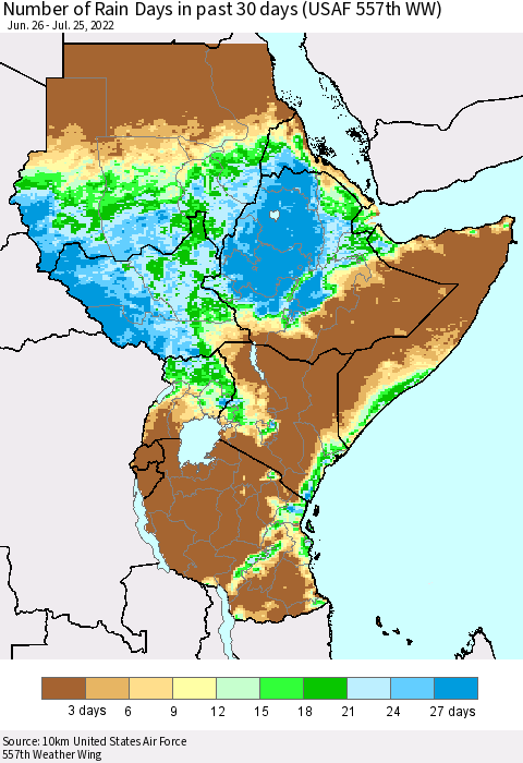 Eastern Africa Number of Rain Days in past 30 days (USAF 557th WW) 07/25/2022 Thematic Map For 7/21/2022 - 7/25/2022
