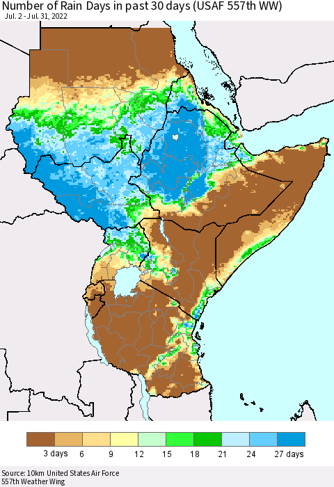 Eastern Africa Number of Rain Days in past 30 days (USAF 557th WW) 07/31/2022 Thematic Map For 7/26/2022 - 7/31/2022