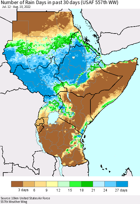 Eastern Africa Number of Rain Days in past 30 days (USAF 557th WW) 08/10/2022 Thematic Map For 8/6/2022 - 8/10/2022