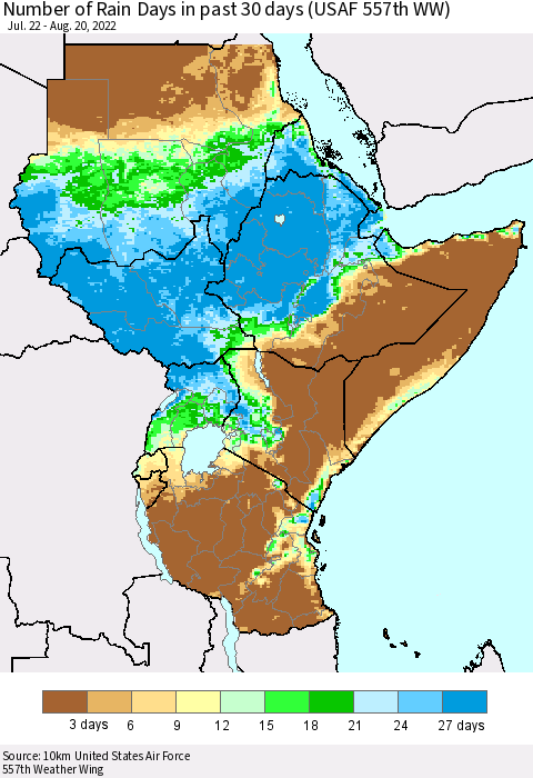 Eastern Africa Number of Rain Days in past 30 days (USAF 557th WW) 08/20/2022 Thematic Map For 8/16/2022 - 8/20/2022
