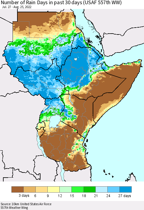 Eastern Africa Number of Rain Days in past 30 days (USAF 557th WW) 08/25/2022 Thematic Map For 8/21/2022 - 8/25/2022