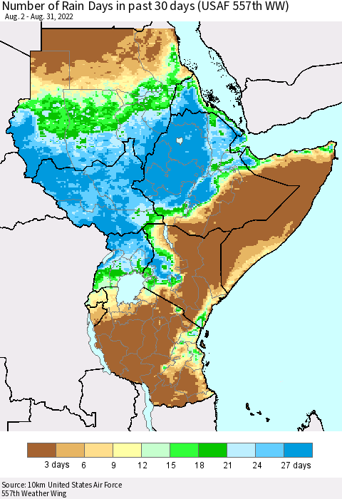 Eastern Africa Number of Rain Days in past 30 days (USAF 557th WW) 08/31/2022 Thematic Map For 8/26/2022 - 8/31/2022
