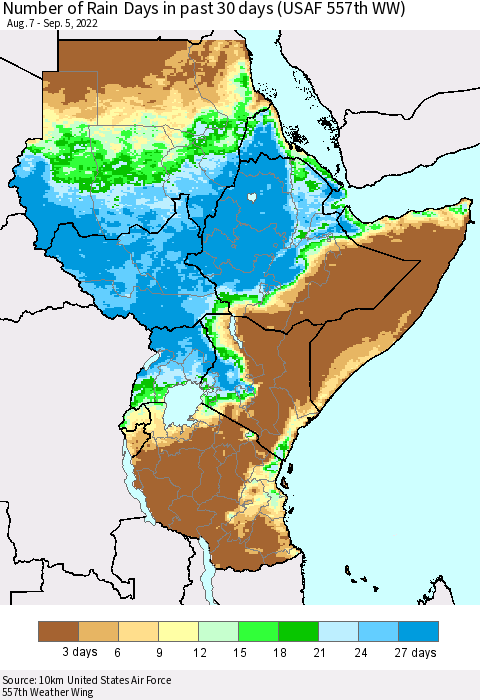 Eastern Africa Number of Rain Days in past 30 days (USAF 557th WW) 09/05/2022 Thematic Map For 9/1/2022 - 9/5/2022