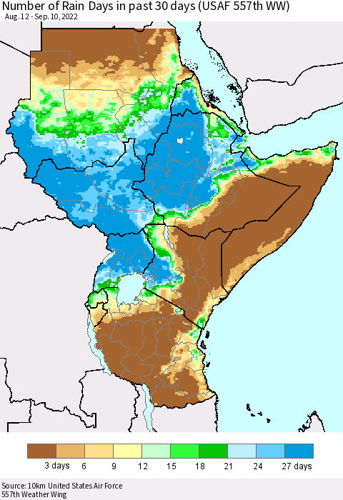 Eastern Africa Number of Rain Days in past 30 days (USAF 557th WW) 09/10/2022 Thematic Map For 9/6/2022 - 9/10/2022