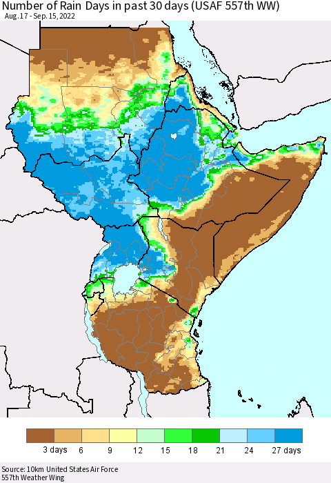 Eastern Africa Number of Rain Days in past 30 days (USAF 557th WW) 09/15/2022 Thematic Map For 9/11/2022 - 9/15/2022