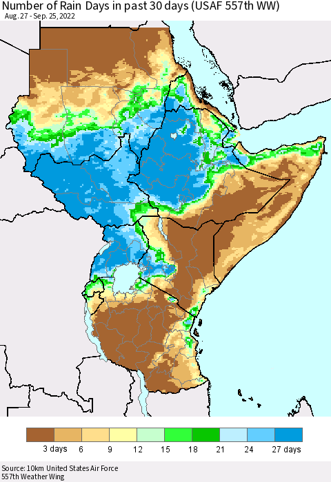 Eastern Africa Number of Rain Days in past 30 days (USAF 557th WW) 09/25/2022 Thematic Map For 9/21/2022 - 9/25/2022