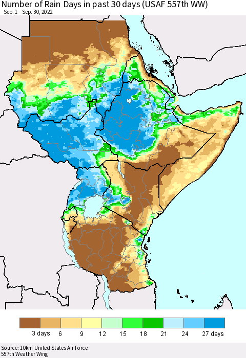 Eastern Africa Number of Rain Days in past 30 days (USAF 557th WW) 09/30/2022 Thematic Map For 9/26/2022 - 9/30/2022