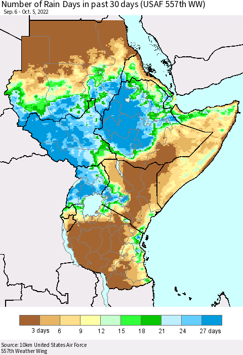 Eastern Africa Number of Rain Days in past 30 days (USAF 557th WW) 10/05/2022 Thematic Map For 10/1/2022 - 10/5/2022