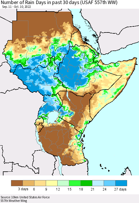 Eastern Africa Number of Rain Days in past 30 days (USAF 557th WW) 10/10/2022 Thematic Map For 10/6/2022 - 10/10/2022