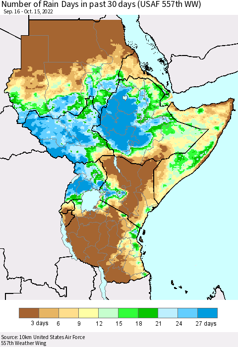 Eastern Africa Number of Rain Days in past 30 days (USAF 557th WW) 10/15/2022 Thematic Map For 10/11/2022 - 10/15/2022