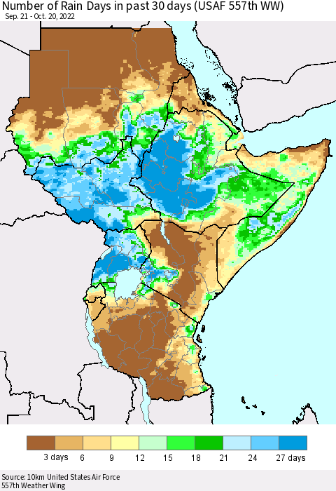 Eastern Africa Number of Rain Days in past 30 days (USAF 557th WW) 10/20/2022 Thematic Map For 10/16/2022 - 10/20/2022