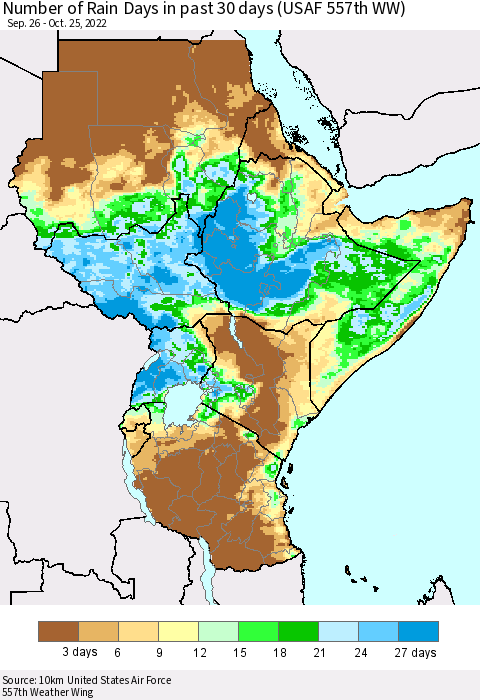 Eastern Africa Number of Rain Days in past 30 days (USAF 557th WW) 10/25/2022 Thematic Map For 10/21/2022 - 10/25/2022