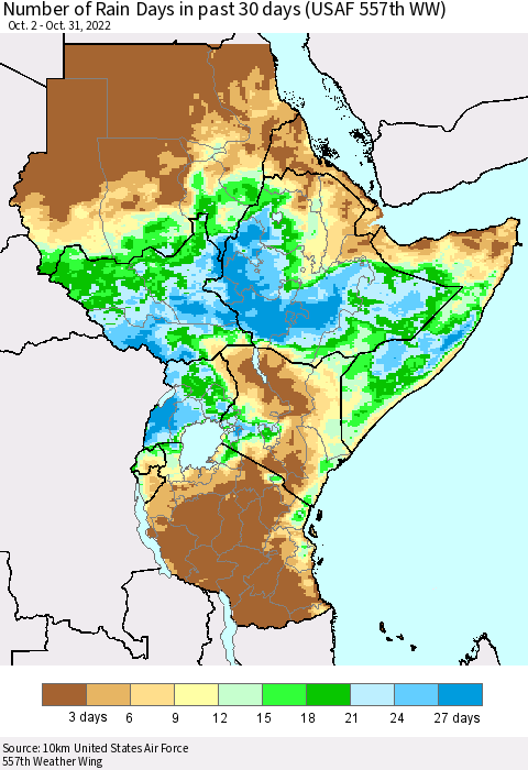 Eastern Africa Number of Rain Days in past 30 days (USAF 557th WW) 10/31/2022 Thematic Map For 10/26/2022 - 10/31/2022