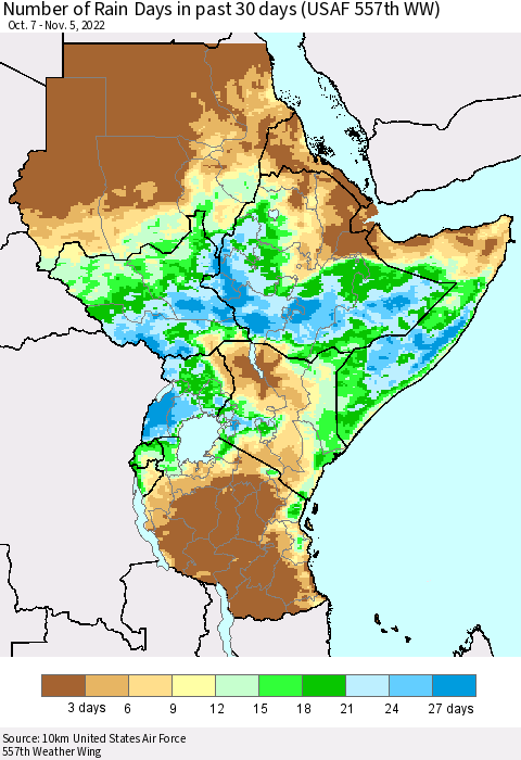 Eastern Africa Number of Rain Days in past 30 days (USAF 557th WW) 11/05/2022 Thematic Map For 11/1/2022 - 11/5/2022