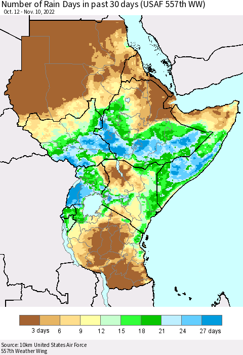 Eastern Africa Number of Rain Days in past 30 days (USAF 557th WW) 11/10/2022 Thematic Map For 11/6/2022 - 11/10/2022