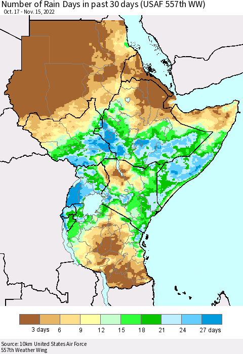 Eastern Africa Number of Rain Days in past 30 days (USAF 557th WW) 11/15/2022 Thematic Map For 11/11/2022 - 11/15/2022