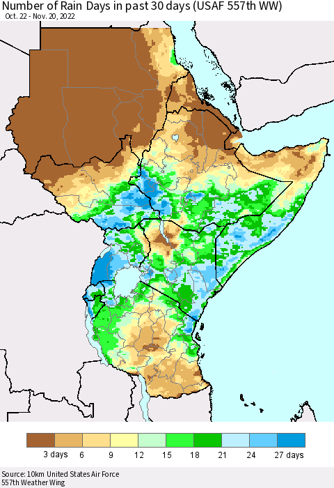 Eastern Africa Number of Rain Days in past 30 days (USAF 557th WW) 11/20/2022 Thematic Map For 11/16/2022 - 11/20/2022